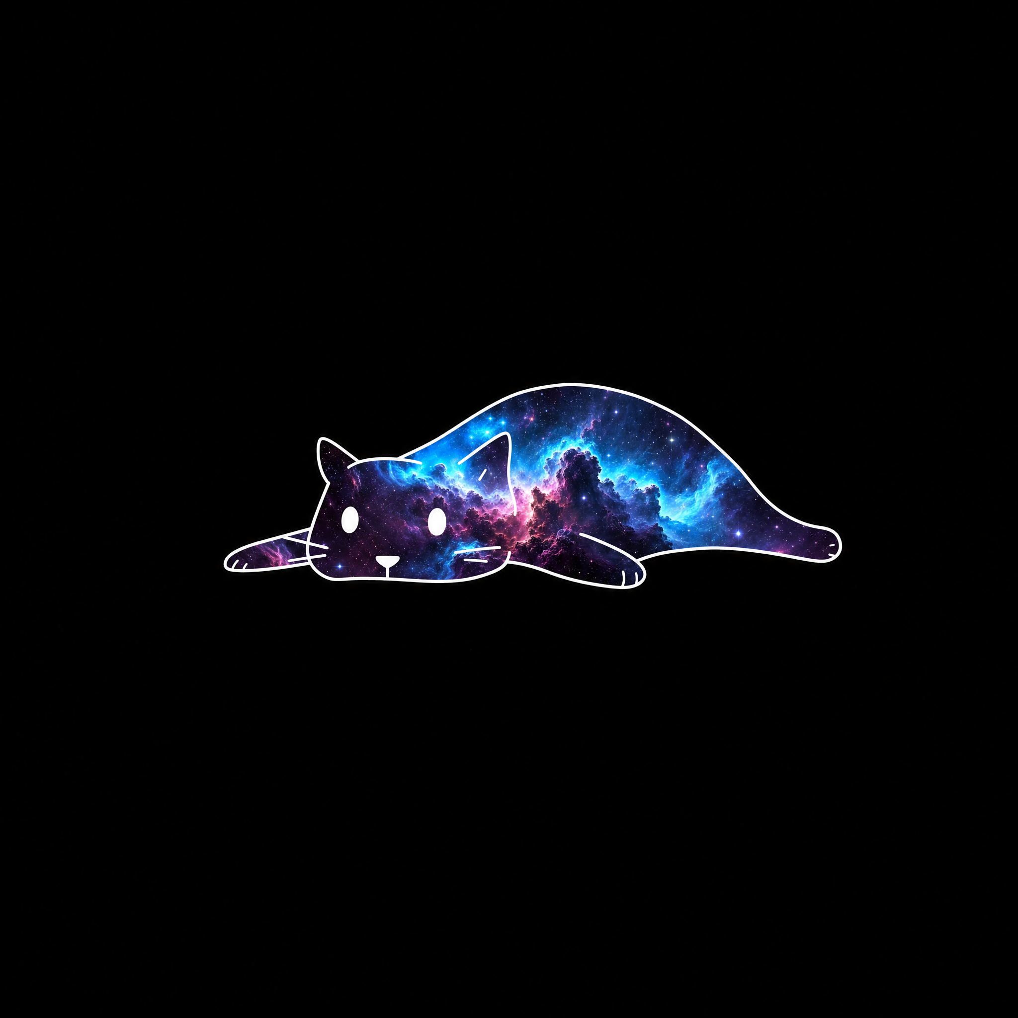 A line-art cat filled with a violet galaxy